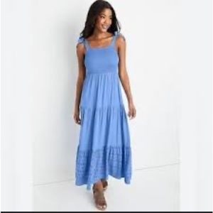 ⭐️ Maurices blue spring smocked shoulder bow maxi dress floral embroidery M